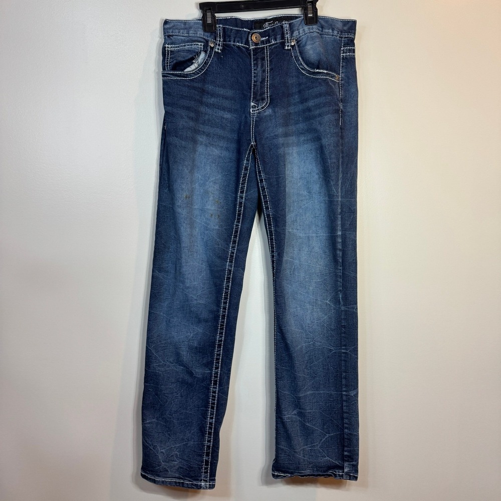 True Luck Jeans Mens 32x30 Straight‎ Leg Dark Wash White Stitching Grunge Rugged